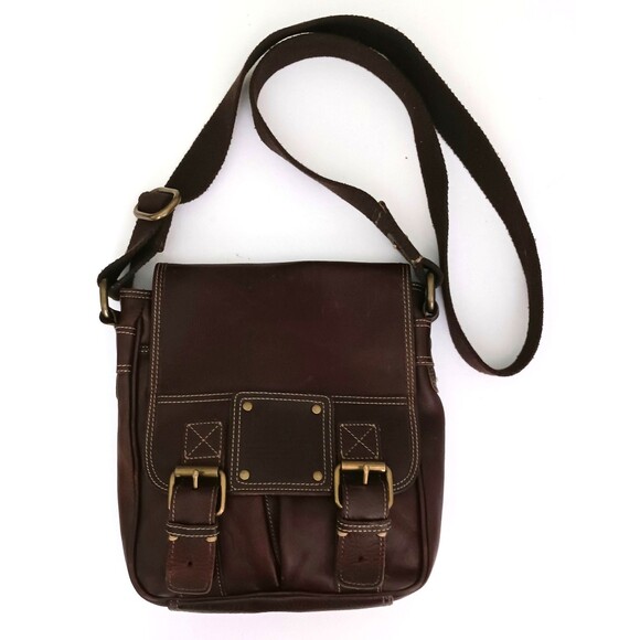 VTG Fossil 54 Dk Brown Leather Messenger Crossbody Bag Flap Front Brass Buckles - Picture 1 of 12